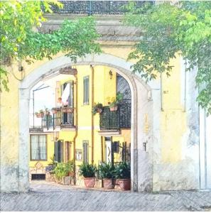 a painting of a yellow building with potted plants at La corte del Campo in Cava deʼ Tirreni