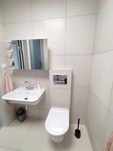 a white bathroom with a toilet and a sink at APARTAMENT PRZY PARKU ŚRÓDMIEŚCIE in Gdańsk