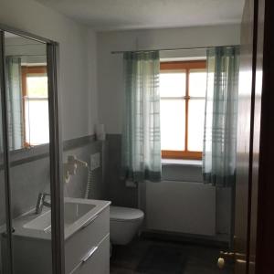 a bathroom with a sink and a toilet and a mirror at Ferienwohnung Doblhofer in Untergriesbach