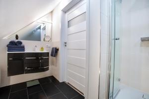 ein Bad mit einer Dusche und einem Waschbecken in der Unterkunft Wohnperle Apartment Adele in Dresden