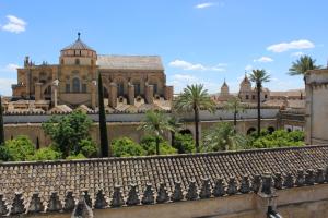a large building with palm trees in front of it at Hotel Boutique Caireles in C&oacute;rdoba