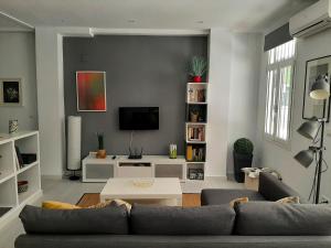 sala de estar con sofá y TV en Living4Malaga Loft San Francisco, en Málaga