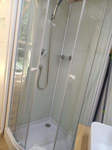 a shower with a glass door in a bathroom at Młyn Hipolit glamping in Nowy Gaj +65 photos