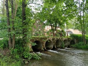 un puente sobre un río con una casa en él en Młyn Hipolit glamping, en Nowy Gaj