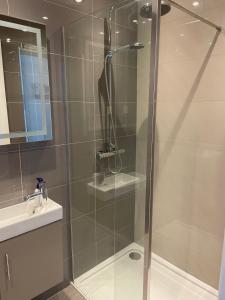 a shower with a glass door next to a sink at 17 Eastgate in Cowbridge