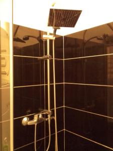 a bathroom with a shower with a light on it at Studio Mini Pomorska in Łódź