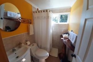 een badkamer met een wit douchegordijn en een wastafel bij Pillang Likan tinas calientes, el poder del Volcan in Puerto Varas +59 foto's