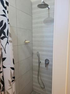 a bathroom with a shower with a glass door at Charming modern country unit for rent in Tarum