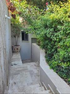 einen Gehweg, der zu einer Tür in einem Garten führt in der Unterkunft Charming modern country unit for rent in Tarum