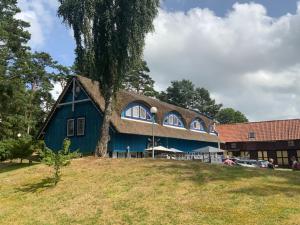 a blue building with a tree in front of it at Bungalow Smiltele in Nida