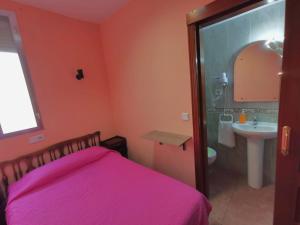 a bedroom with a pink bed and a sink at Casa de Huespedes La Asturiana in Madrid +21 photos