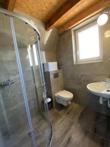 uma casa de banho com um chuveiro, um WC e um lavatório. em DOMKI NAD ŁOWISKIEM em Giżycko