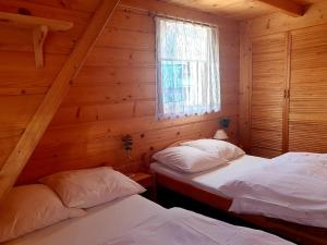 two beds in a log cabin with a window at Domki u Hani 2 in Murzasichle