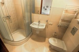 a bathroom with a shower and a sink and a toilet at Pokoje Sopockie in Sopot