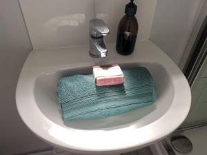 a sink with green towels and a bar of soap at Seaside bungalow 5 mins walk to beach and town in Bude