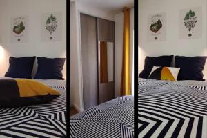 - deux photos d'une chambre avec un lit dans l'établissement L'Escapade Cosy, Appartement 2 pers, à Saint-Nectaire