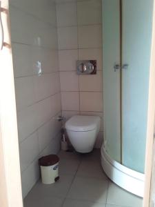 a small bathroom with a toilet and a shower at Borabora Apart Hotel in Bitez