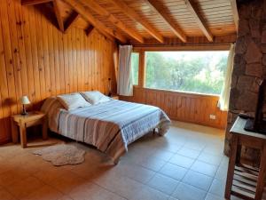 ein Schlafzimmer mit einem Bett und einem großen Fenster in der Unterkunft Casa Rincón Radales in San Martín de los Andes