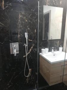 uma casa de banho em mármore preto com um lavatório e um chuveiro em Apartmány Rosijo em Lednice