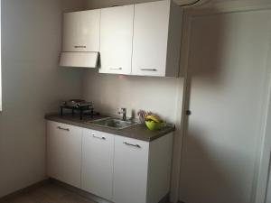 布索倫戈的住宿－Agriturismo Orlandi，小厨房配有白色橱柜和水槽