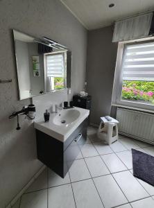 a bathroom with a sink and a mirror at Ferienwohnung-Thale-Ritter II in Thale