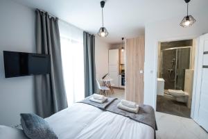 um quarto com uma cama, uma televisão e uma casa de banho em Estella Apartment em Cracóvia
