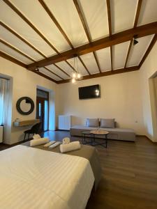 a large room with two beds and a couch at 11 Luxury Apartments in Metsovo