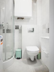 a white bathroom with a toilet and a shower at Baszta Jacek Apartament Gdańsk in Gdańsk