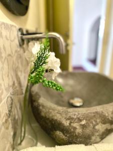 um lavatório de casa de banho com um vaso com flores em Ca Strignano Suite, Typical House em Castrignano del Capo