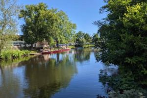 a river with trees and boats on it at Duck & Heron Cottage in Morpeth