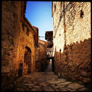 an alley between two stone buildings in an old town at Hotel rural Font del Genil in Arsèguel
