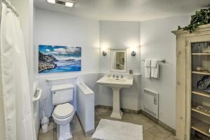a bathroom with a white toilet and a sink at Historic Belfair Cabin Abode on the Hood Canal! in Belfair