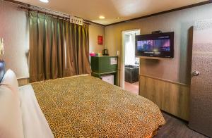台北的住宿－迪樂商旅，一间客房内配有床和电视的房间