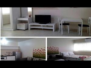 duas imagens de uma sala de estar e uma sala com televisão em Room in Apartment - Popular Palace in Don Mueang Bangkok em Ban Bang Phang