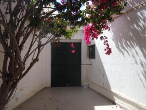 a black door with pink flowers on a white wall at House with Wala Garden in Mahdia