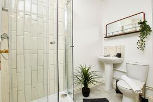 a bathroom with a shower and a toilet and a sink at Delven House, Apartment 2 in Castle Donington