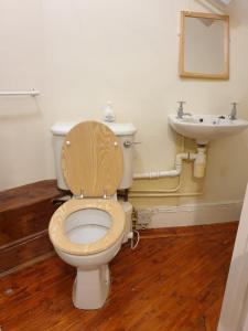 a bathroom with a toilet and a sink at The horse and panniers guest house. in North Luffenham