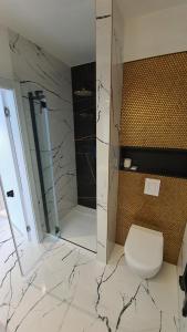 a bathroom with a white toilet and a shower at Lividus 432 By Edyta in Świnoujście