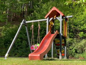 a playground with a slide in the grass at Ferienchalet-Floesswehrtal in Bad Lauterberg