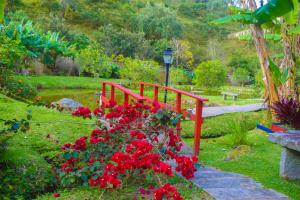 a red bridge in a garden with red flowers at Hospedaria Rancho Ferreira in Nova Friburgo