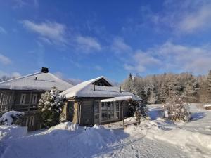 a house covered in snow in a yard at Brīvdienu māja Mākoņi in Ratnieki