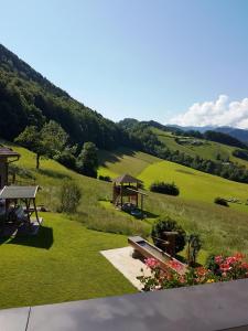 vistas a una colina verde con cenador en Ferienwohnung Ertlerlehen, en Marktschellenberg