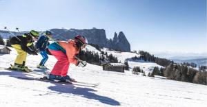 trzy osoby jeżdżą na nartach w dół pokrytego śniegiem stoku w obiekcie Ferienbauernhof Masunerhof w mieście Fiè