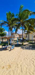 a beach with palm trees and benches on the sand at Hotel Brisa dos Abrolhos in Alcobaça