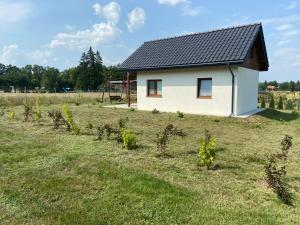 ein kleines Haus auf einem Feld mit Reben in der Unterkunft Domek na Mazurach RoJo, Polska Wieś 26H in Mrągowo