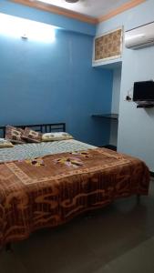 a blue room with a bed with a brown blanket at Nandini Paying Guest House in Udaipur