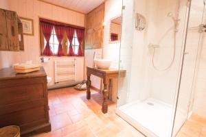 a bathroom with a shower and a sink at Beautiful renovated chalet near ski resort France in Arâches-la-Frasse