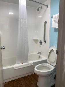 a bathroom with a toilet and a tub and a shower at Days Inn by Wyndham Goldsboro in Goldsboro