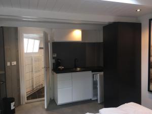 una cucina con un lavello e un piano di lavoro di Centre beach lodge (2) a Zandvoort
