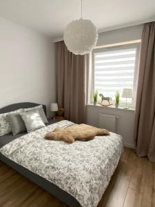 Un dormitorio con una cama con una manta de piel. en Apartament Platinum Park en Stargard Szczeciński